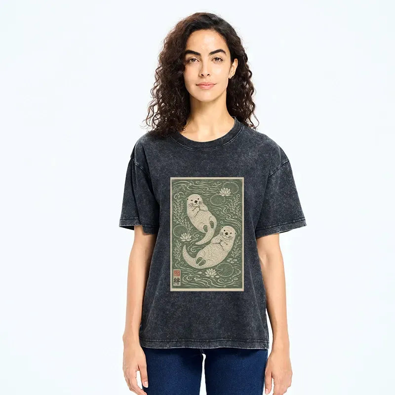 japanese two otters lotus pond t-shirt