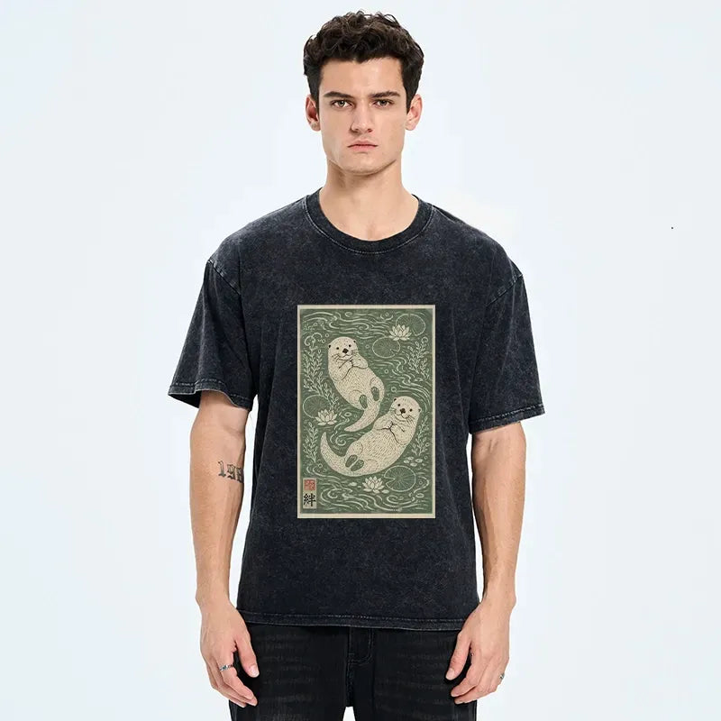 Kyoto-Lion Two Otters Float In Lotus Pond Washed T-Shirt
