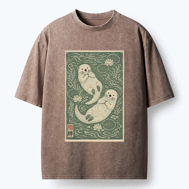 japanese two otters lotus pond t-shirt
