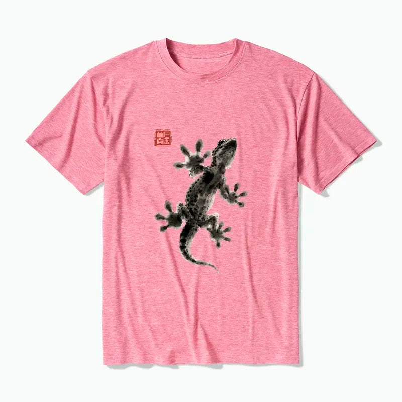 Kyoto-Lion Minimal Asian Ink Brush Gecko Vibe Cotton Blend T-Shirt