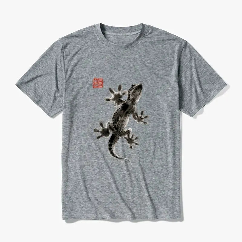 Kyoto-Lion Minimal Asian Ink Brush Gecko Vibe Cotton Blend T-Shirt