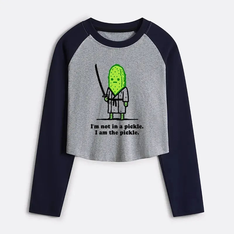 Kyoto-Lion Funny Cucumber Samurai Women's Crop Raglan T-Shirt