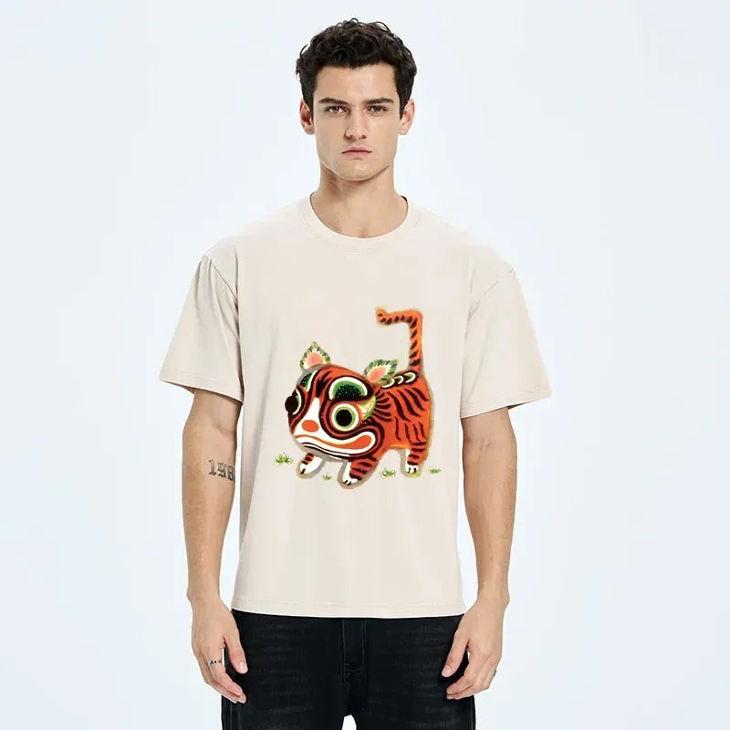Kyoto-Lion Vintage Hand Painted Lucky Tiger Art Washed T-Shirt