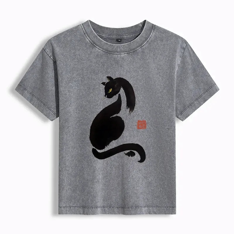 Japanese Black Cat Washed T-shirt for Women