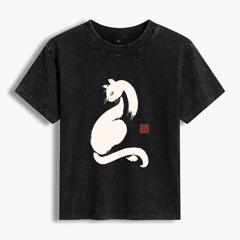 Japanese Black Cat Washed T-shirt for Women