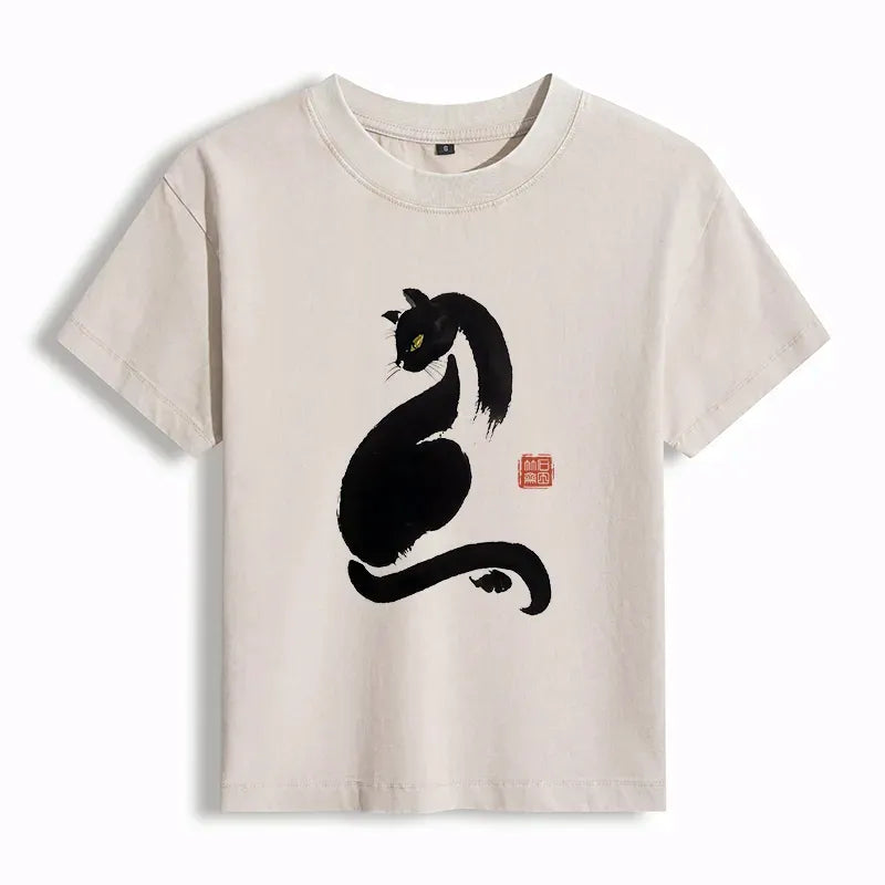 Kyoto-Lion Elegant Black Cat Japan Women's Washed T-shirt