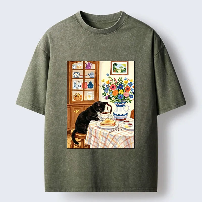 Kyoto-Lion Cute Snack Time Cat Washed T-Shirt