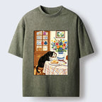 Kyoto-Lion Cute Snack Time Cat Washed T-Shirt