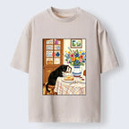 Kyoto-Lion Cute Snack Time Cat Washed T-Shirt