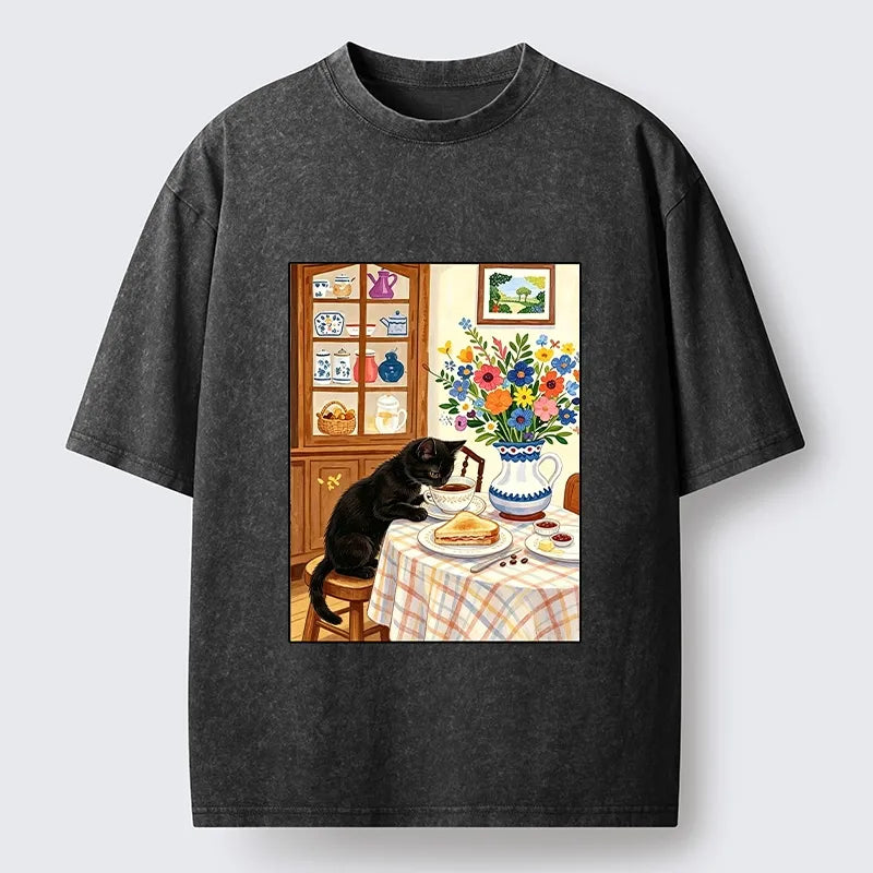 Kyoto-Lion Cute Snack Time Cat Washed T-Shirt