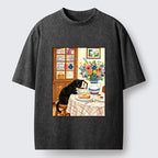 Kyoto-Lion Cute Snack Time Cat Washed T-Shirt