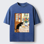 Kyoto-Lion Cute Snack Time Cat Washed T-Shirt