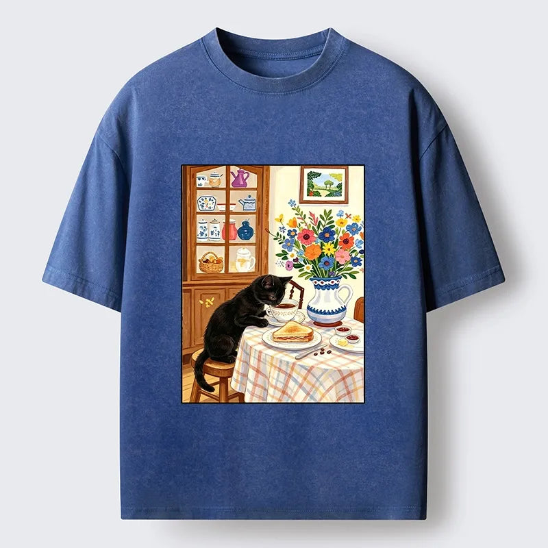 Kyoto-Lion Cute Snack Time Cat Washed T-Shirt