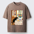 Kyoto-Lion Cute Snack Time Cat Washed T-Shirt