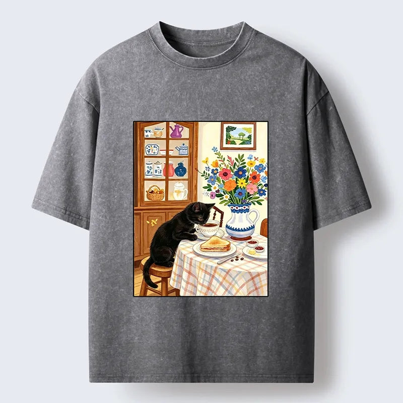 Kyoto-Lion Cute Snack Time Cat Washed T-Shirt
