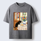 Kyoto-Lion Cute Snack Time Cat Washed T-Shirt