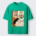 Kyoto-Lion Cute Snack Time Cat Washed T-Shirt