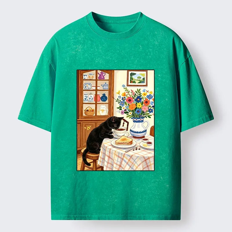 Kyoto-Lion Cute Snack Time Cat Washed T-Shirt
