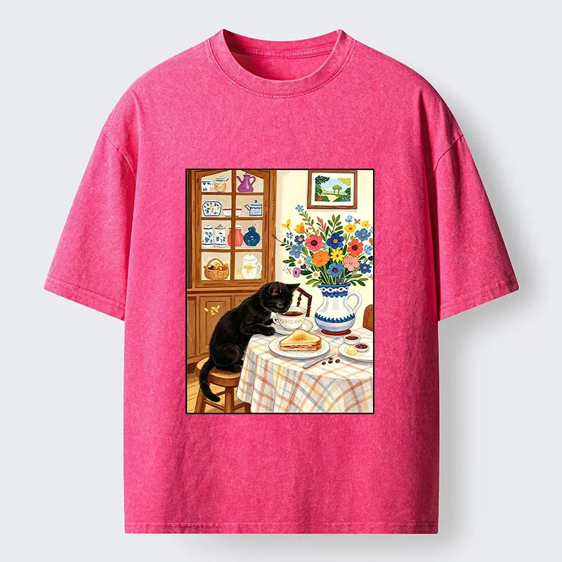 Kyoto-Lion Cute Snack Time Cat Washed T-Shirt