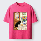 Kyoto-Lion Cute Snack Time Cat Washed T-Shirt