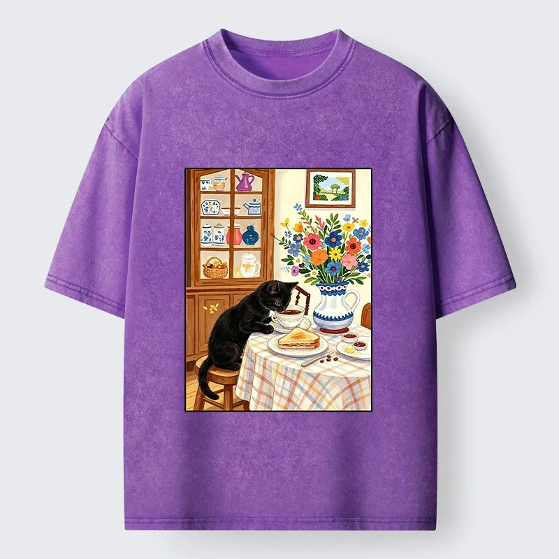 Kyoto-Lion Cute Snack Time Cat Washed T-Shirt