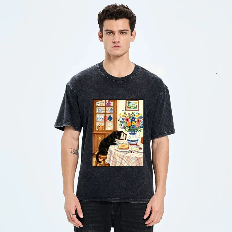 Kyoto-Lion Cute Snack Time Cat Washed T-Shirt
