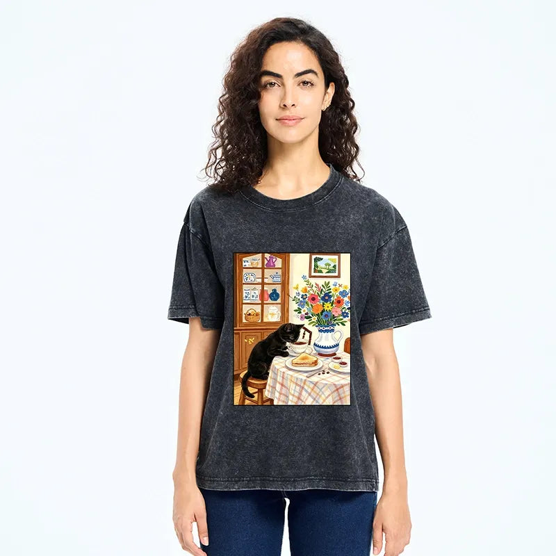Kyoto-Lion Cute Snack Time Cat Washed T-Shirt