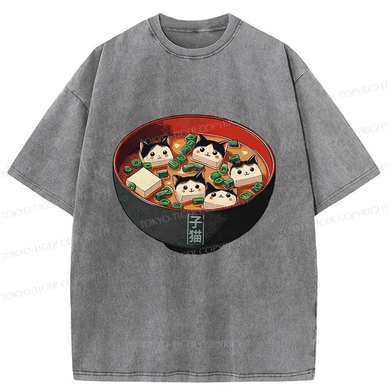 Washed Japanese Cat T-Shirt for Summer