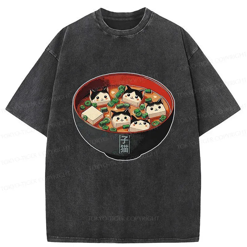 Washed Japanese Cat T-Shirt for Summer