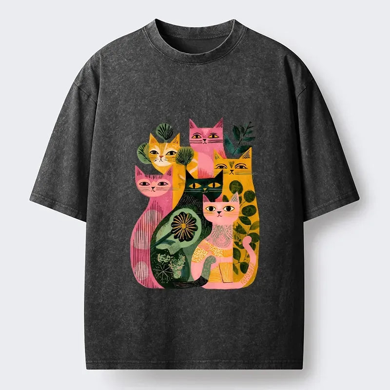 Kyoto-Lion Colorful Geometric Cats Art Washed T-Shirt