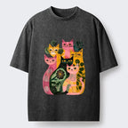 Kyoto-Lion Colorful Geometric Cats Art Washed T-Shirt