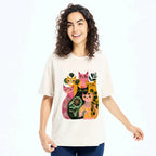 Kyoto-Lion Colorful Geometric Cats Art Washed T-Shirt