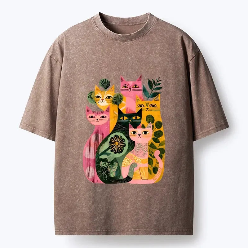 Kyoto-Lion Colorful Geometric Cats Art Washed T-Shirt