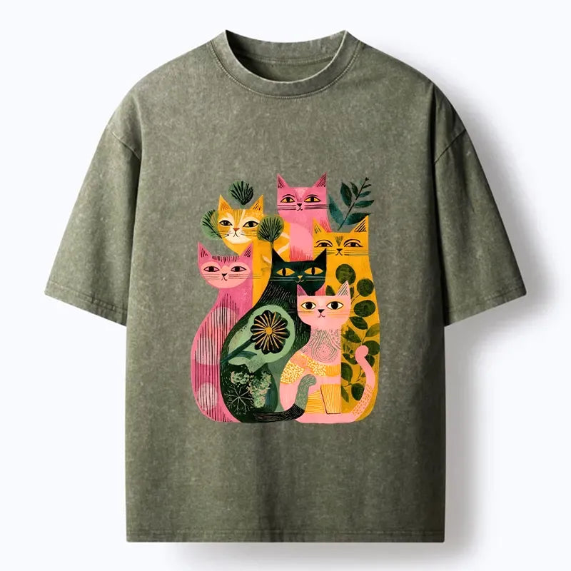 Kyoto-Lion Colorful Geometric Cats Art Washed T-Shirt