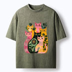 Kyoto-Lion Colorful Geometric Cats Art Washed T-Shirt