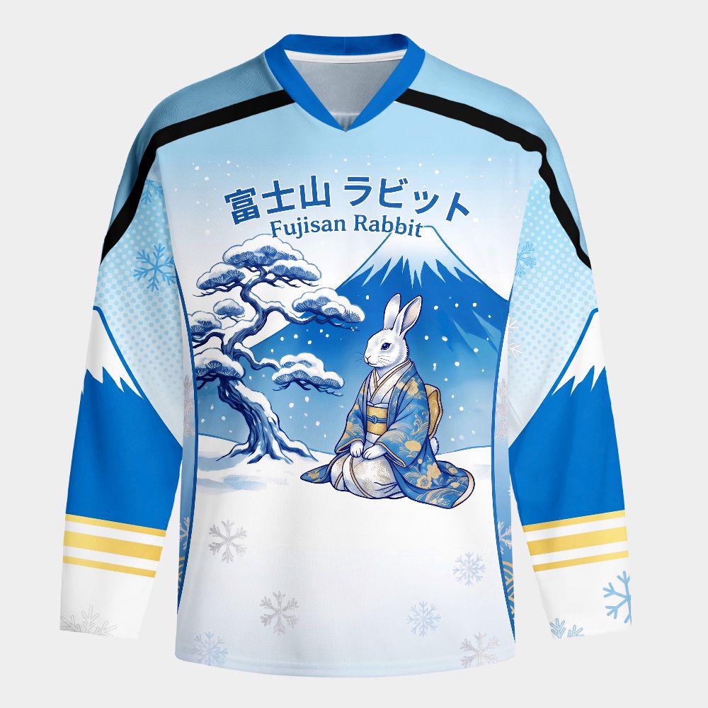 Kyoto-Lion Japanese Ukiyo-e Mount Fuji Rabbit Long-Sleeve Hockey Jersey