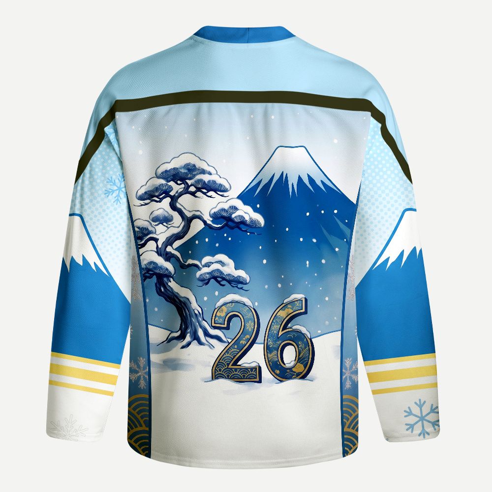Kyoto-Lion Japanese Ukiyo-e Mount Fuji Rabbit Long-Sleeve Hockey Jersey