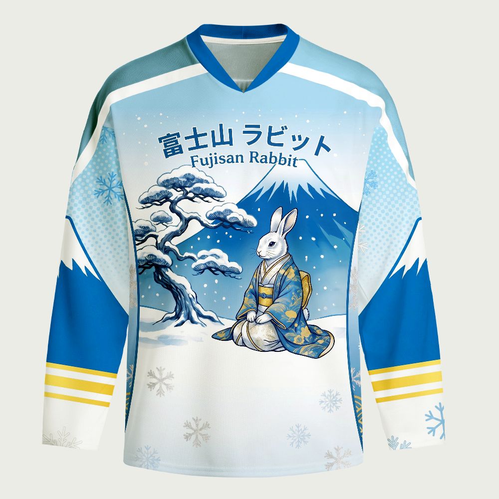 Kyoto-Lion Japanese Ukiyo-e Mount Fuji Rabbit Long-Sleeve Hockey Jersey
