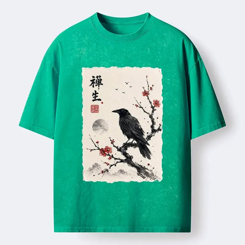 Kyoto-Lion Zen Crow Resting On Red Plum Branch Washed T-Shirt