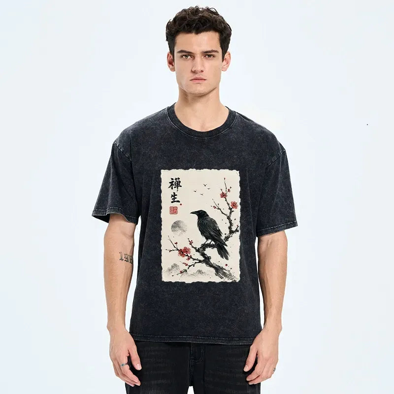 Washed Unisex T-Shirt with Red Plum Branch