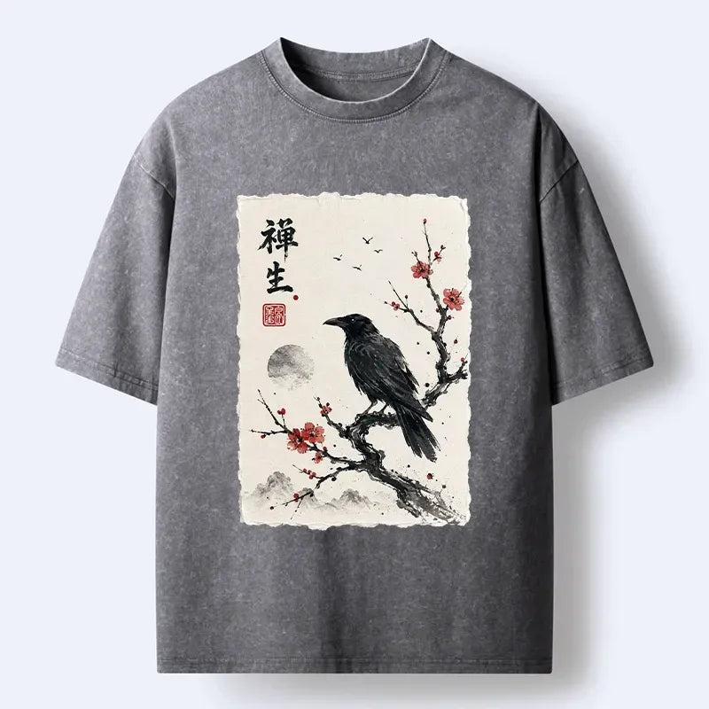 Kyoto-Lion Zen Crow Resting On Red Plum Branch Washed T-Shirt