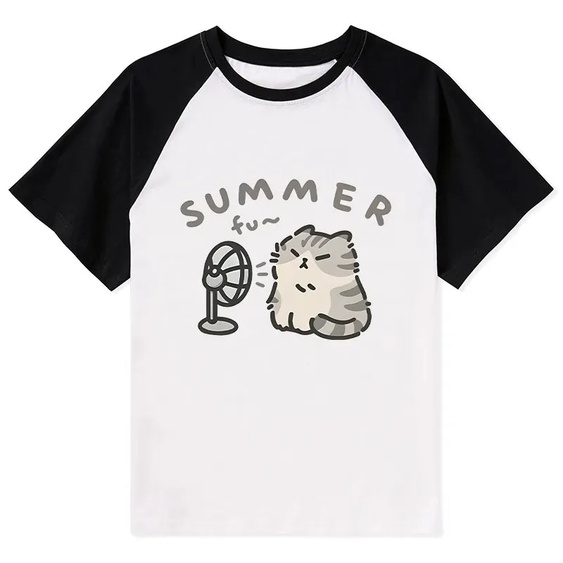 Kyoto-Lion Summer Cat Chills With A Fan Raglan T-shirt