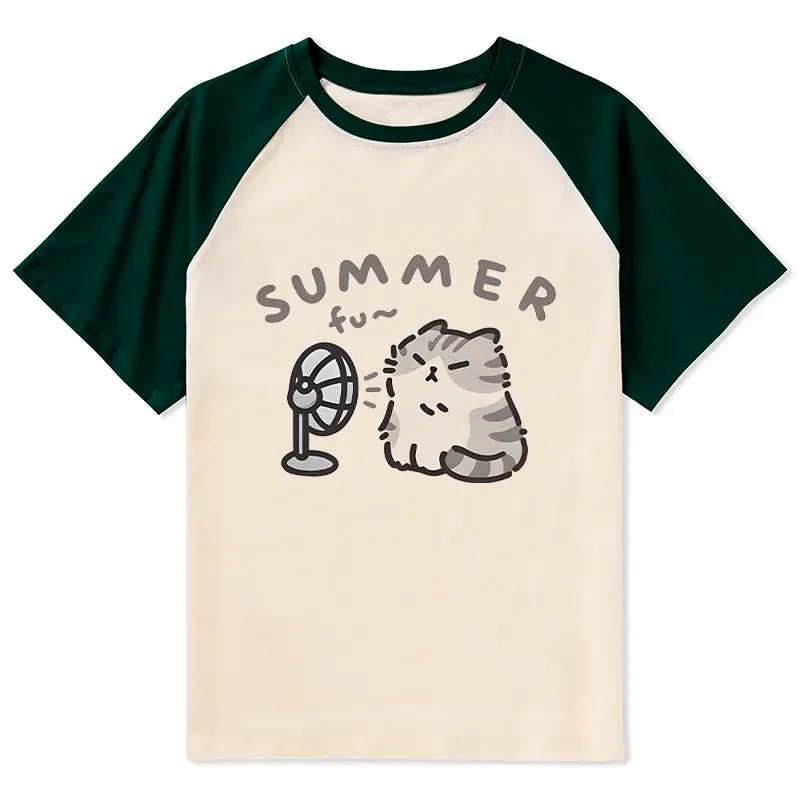 Kyoto-Lion Summer Cat Chills With A Fan Raglan T-shirt