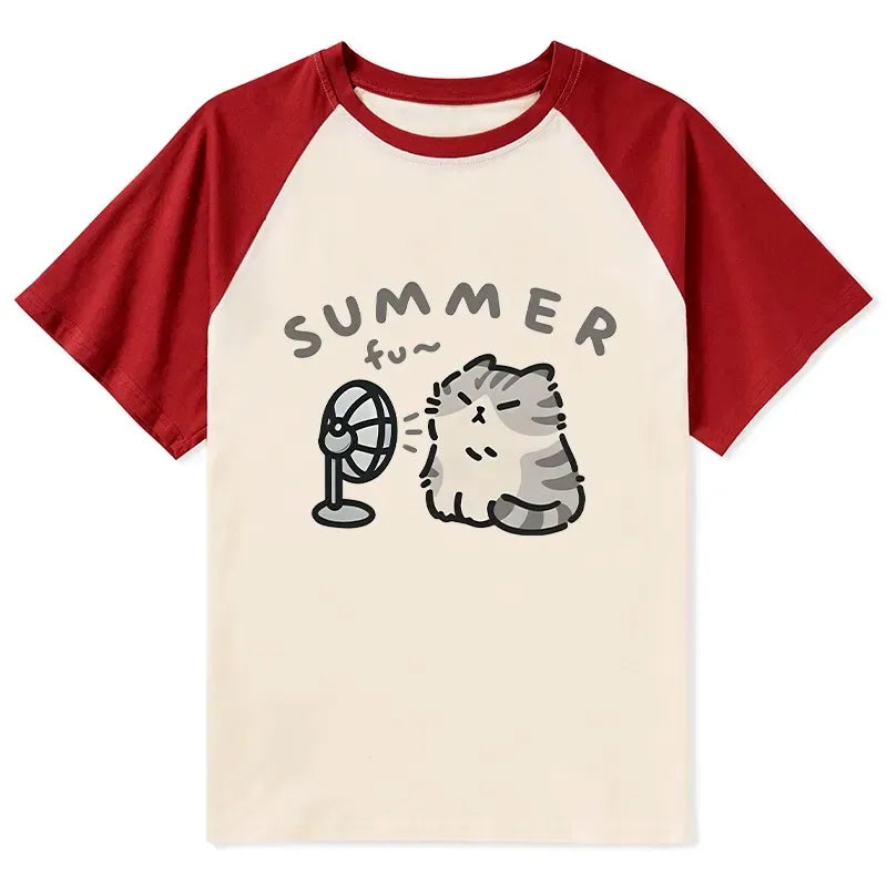 Kyoto-Lion Summer Cat Chills With A Fan Raglan T-shirt
