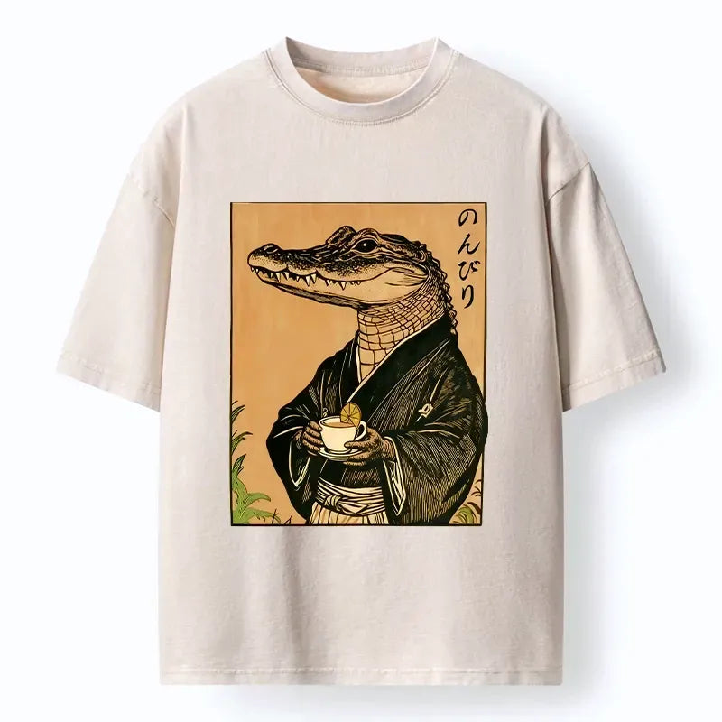 Kyoto-Lion Alligator In Kimono Drinking Tea Washed T-Shirt
