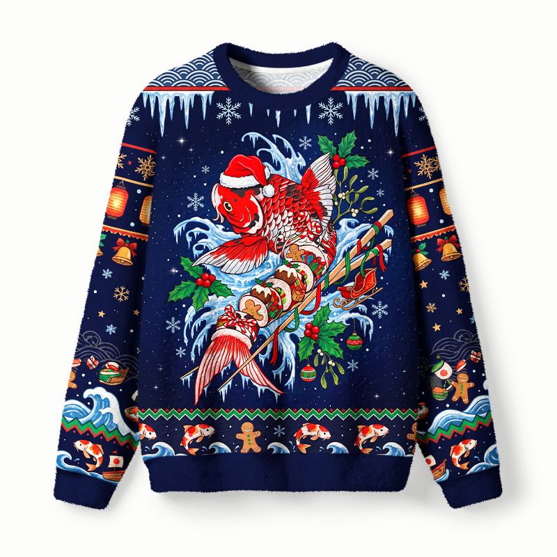 Kyoto-Lion Santa Hat Koi Fish Christmas Sushi Fuzzy Christmas Ugly Sweatshirt