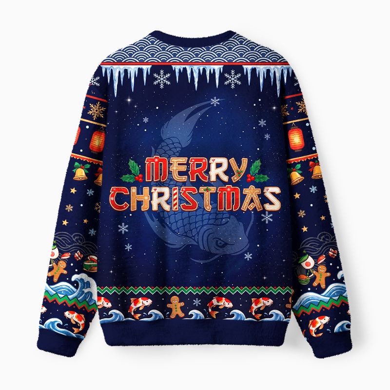 Kyoto-Lion Santa Hat Koi Fish Christmas Sushi Fuzzy Christmas Ugly Sweatshirt