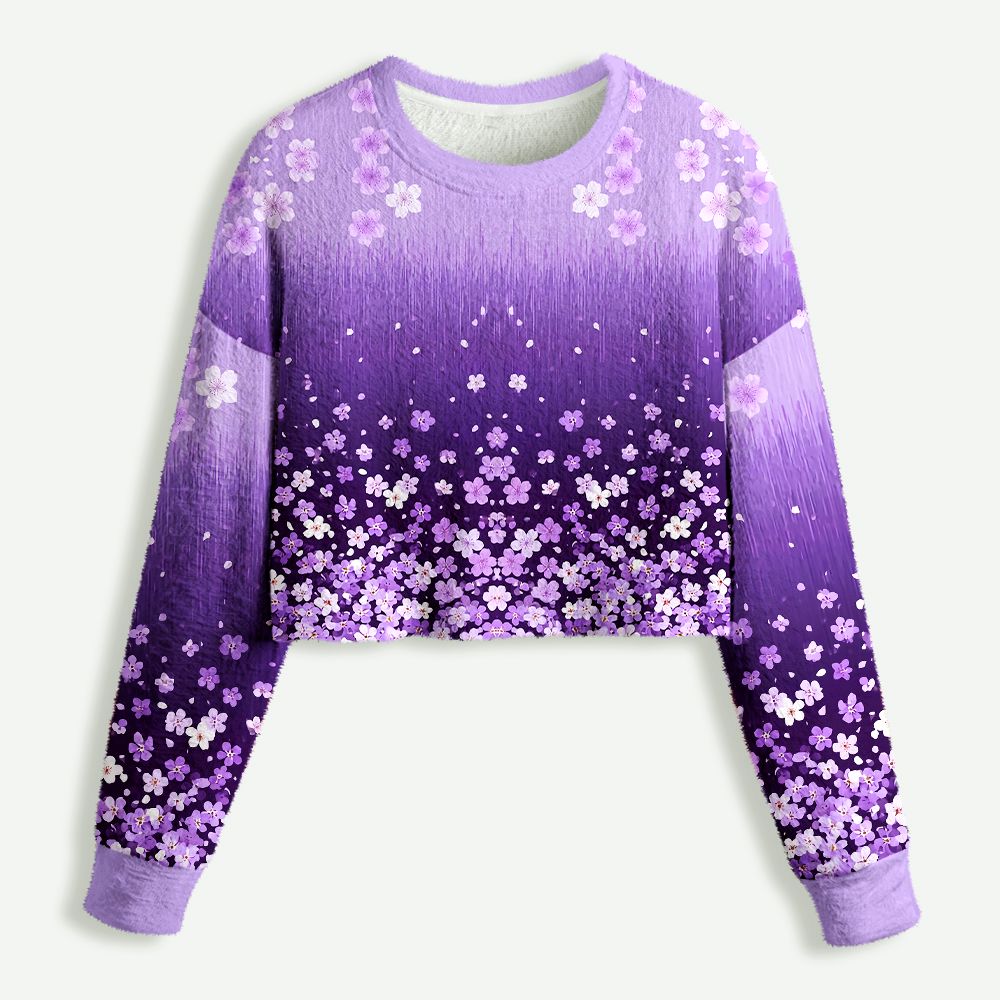 Kyoto-Lion A Sea Of Sakura Petals Women's Fuzzy Cropped Sweatshirt