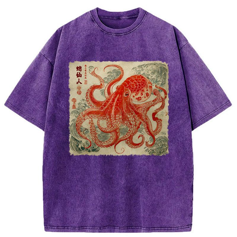 Washed Ukiyo-e Octopus Shirt for Vacation