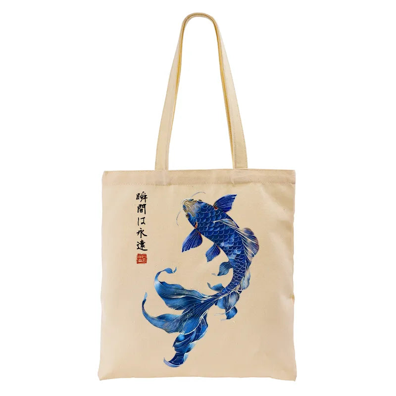 Kyoto-Lion Lucky Blue Koi Fish Art Tote Bag